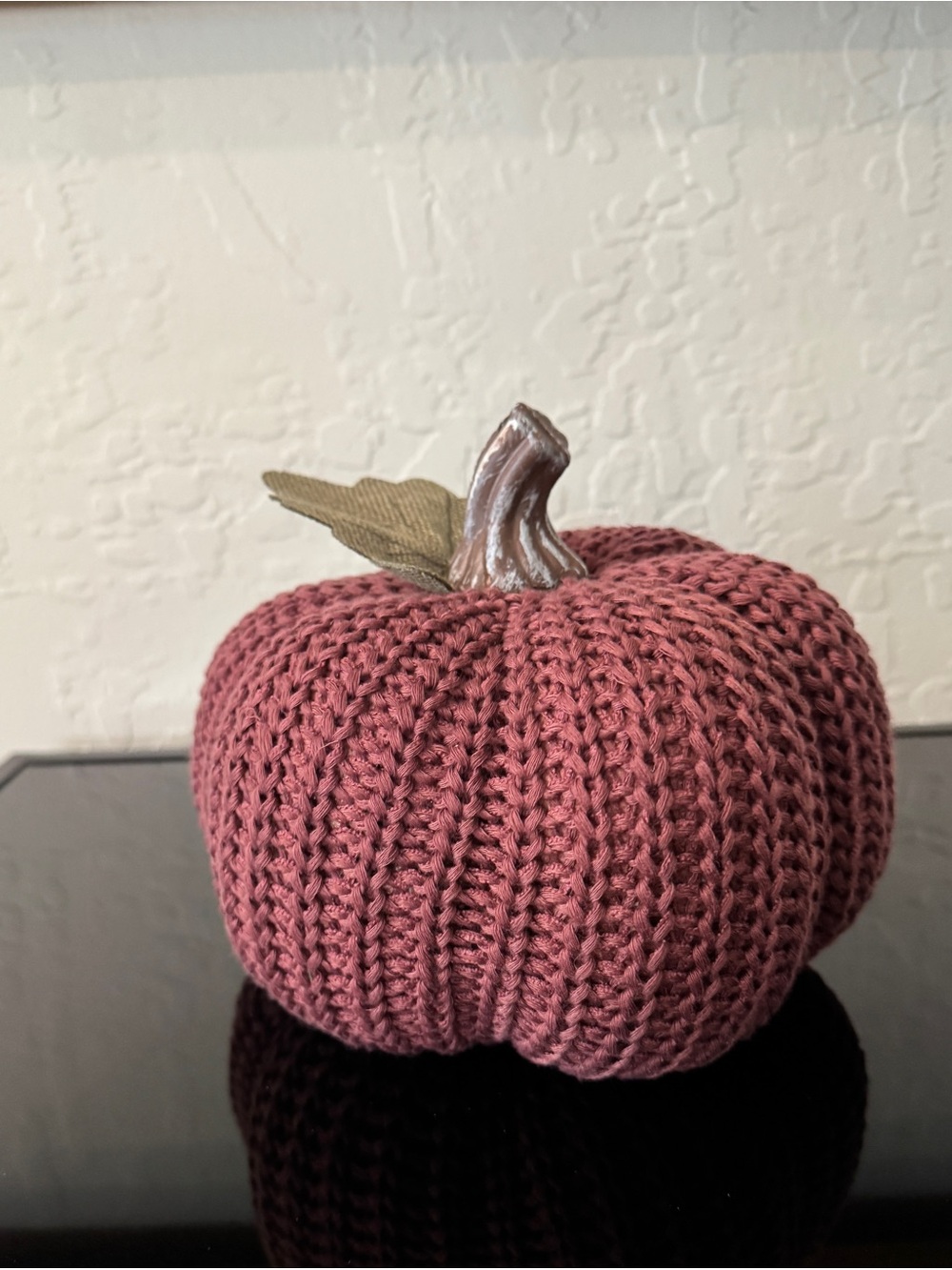Burgundy Knit Decorative Pumpkin with Fabric Leaf